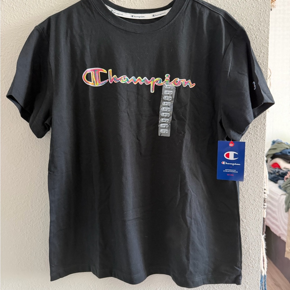 Champion Black Tee with Logo Accent